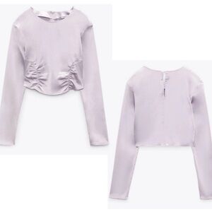 Zara Women Lilac lavender purple Satin Effect Ruched Long Sleeve Cropped Blouse